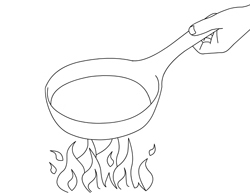 Skillet with a metal handle being heated over open flame.